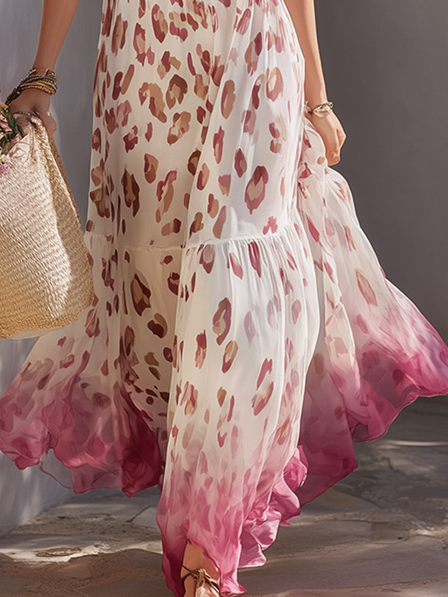 Elegant Retro White Gradient Leopard Print Chiffon Spaghetti-Strap Maxi Dress
