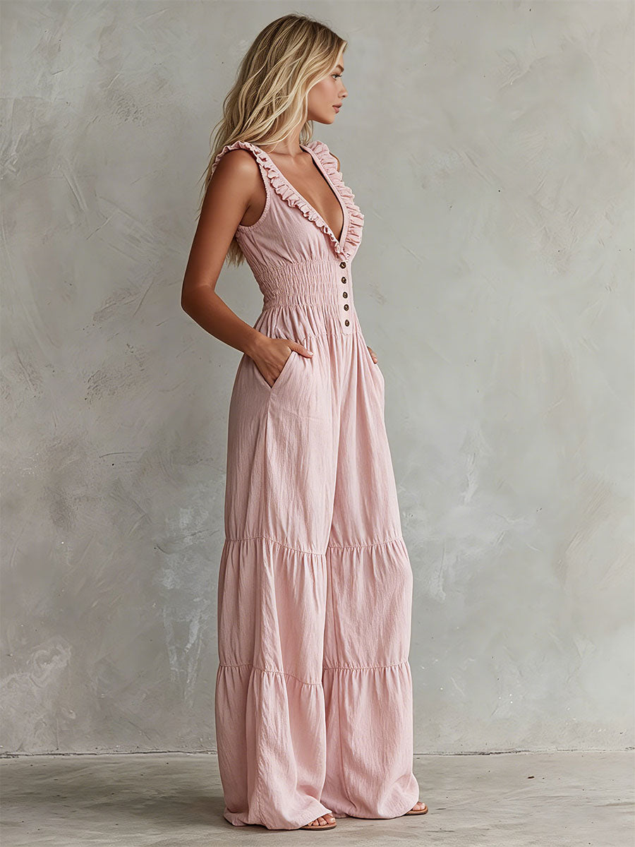 Casual Retro Ruffled Pink Sleeveless V-neck Button Cotton And Linen Jumpsuit