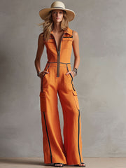 Casual Retro Color-blocked Orange Cotton Linen Sleeveless Jumpsuit