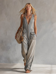Retro Casual Distressed Gray-Blue Raw Hem Denim Jumpsuit