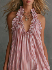 Retro Casual Fashion Ruffled V-Neck Striped Mini Dress