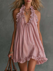 Retro Casual Fashion Ruffled V-Neck Striped Mini Dress
