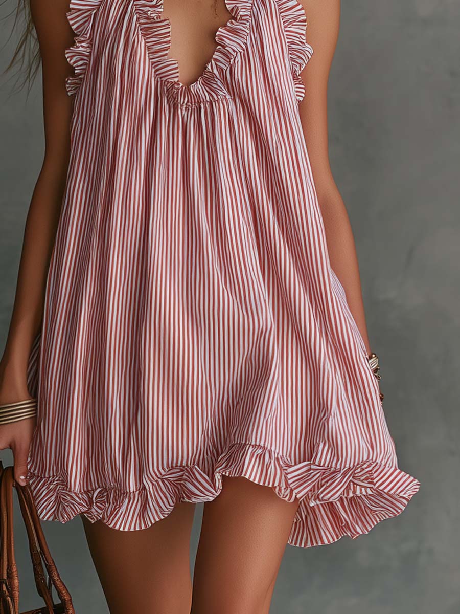 Retro Casual Fashion Ruffled V-Neck Striped Mini Dress