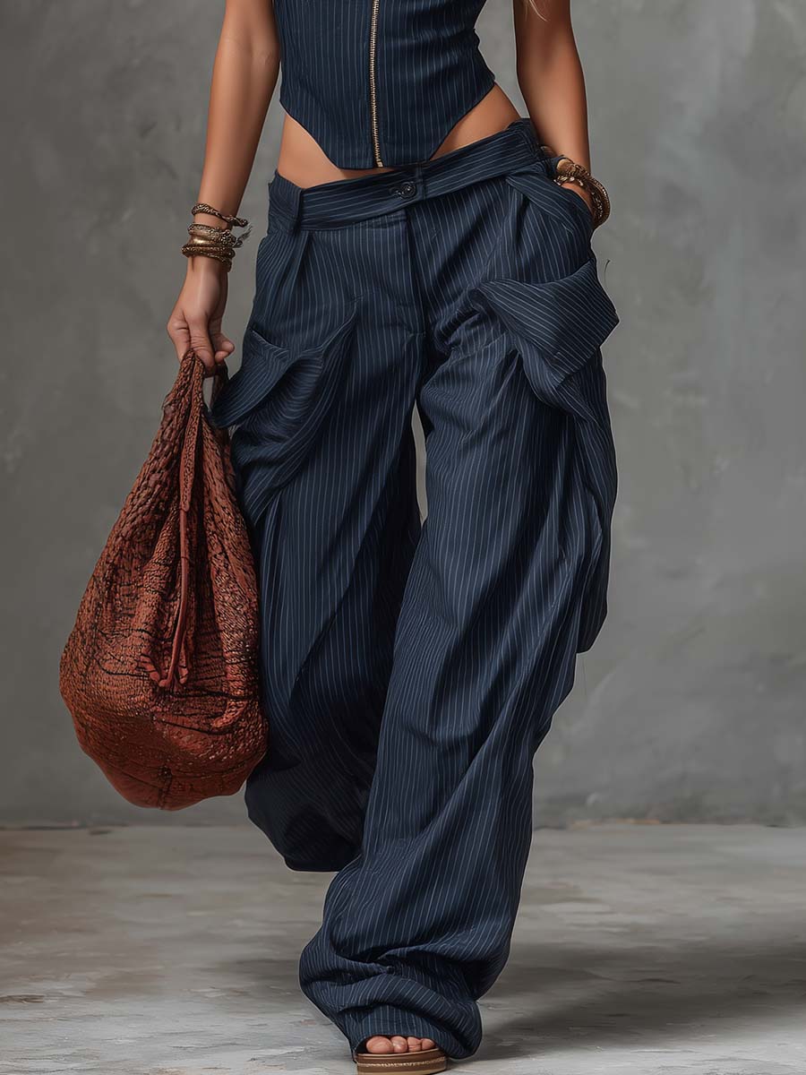 Personality Retro Casual Navy Blue Striped Square-Neck Front Zipper Top And Pants Set
