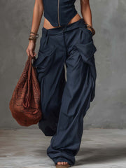 Personality Retro Casual Navy Blue Striped Square-Neck Front Zipper Top And Pants Set