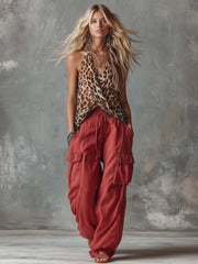 Personality Versatile Retro V-Neck Leopard Print Chiffon Top