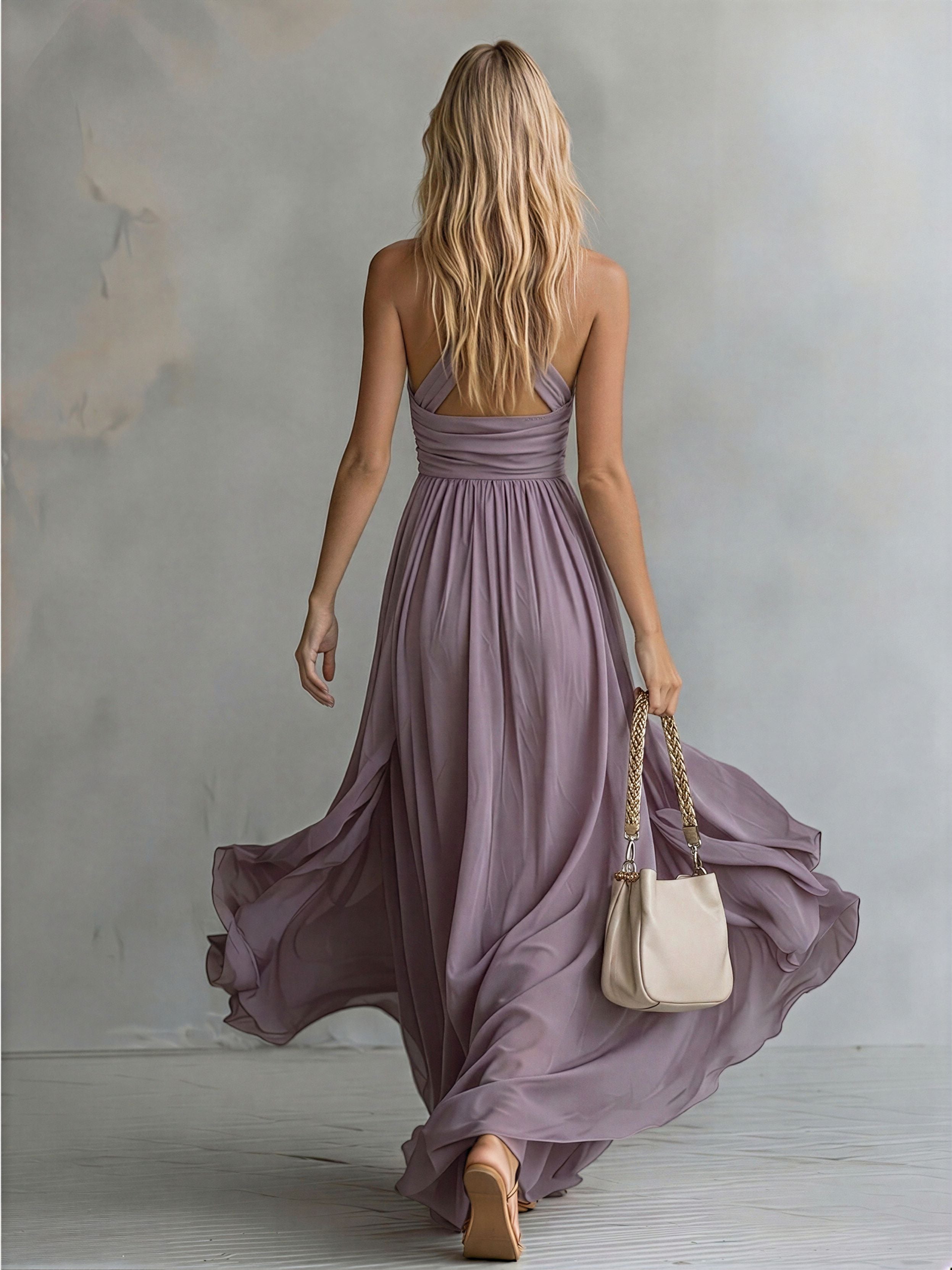Elegant And Stylish Halter Neck V-neck Sleeveless Chiffon Maxi Dress