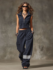 Retro Sports Navy Blue Cotton Half-zip Sweatshirt And Striped Cargo Pants Set