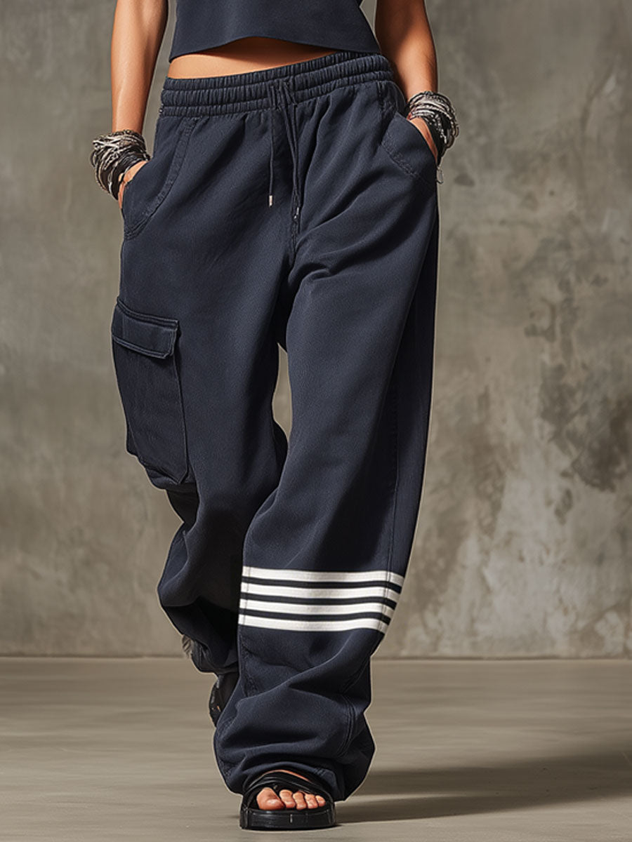Retro Sports Navy Blue Cotton Half-zip Sweatshirt And Striped Cargo Pants Set