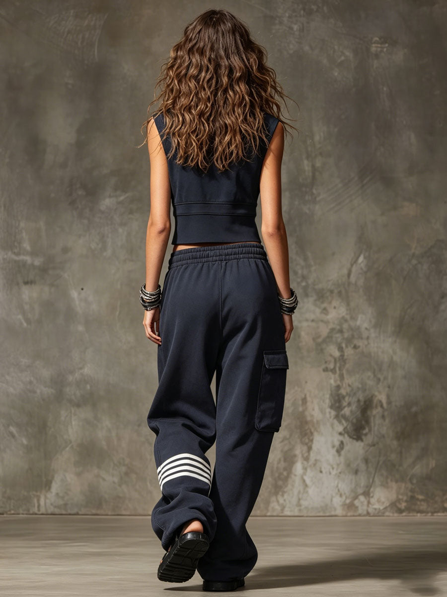 Retro Sports Navy Blue Cotton Half-zip Sweatshirt And Striped Cargo Pants Set