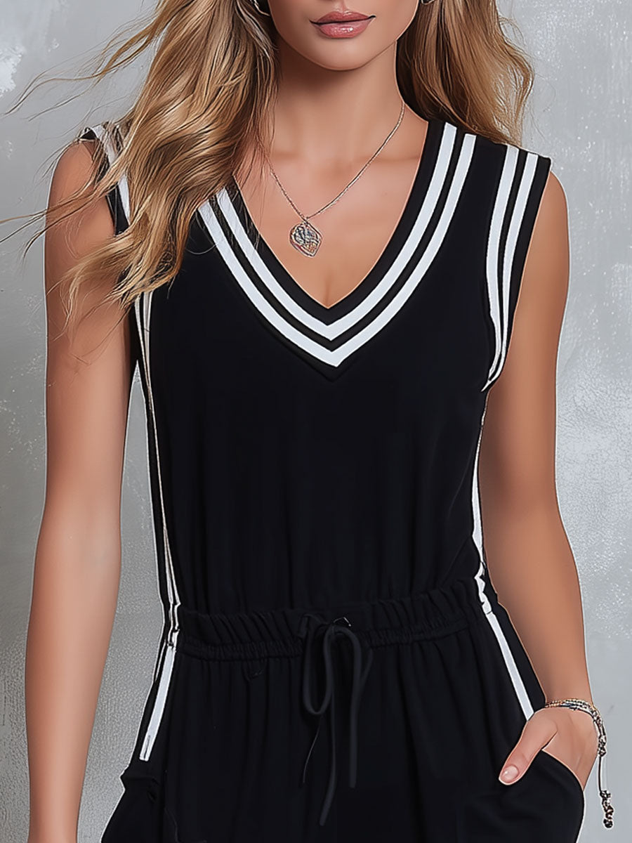 Retro Casual Sporty Color-blocked Black Sleeveless V-neck Cotton Jumpsuit