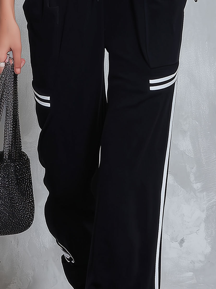 Retro Casual Sporty Color-blocked Black Sleeveless V-neck Cotton Jumpsuit