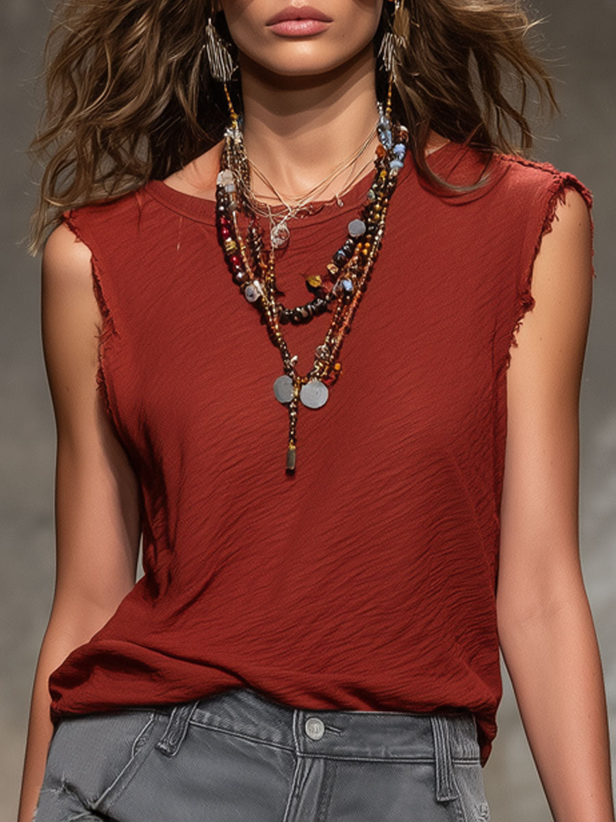 Casual Retro Deep Red Cotton Frayed Round Neck Top