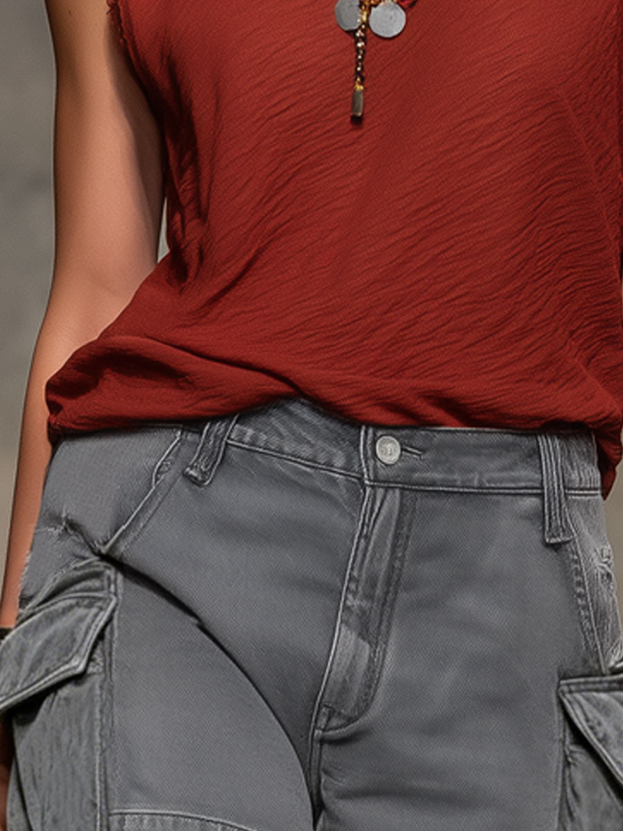 Casual Retro Deep Red Cotton Frayed Round Neck Top