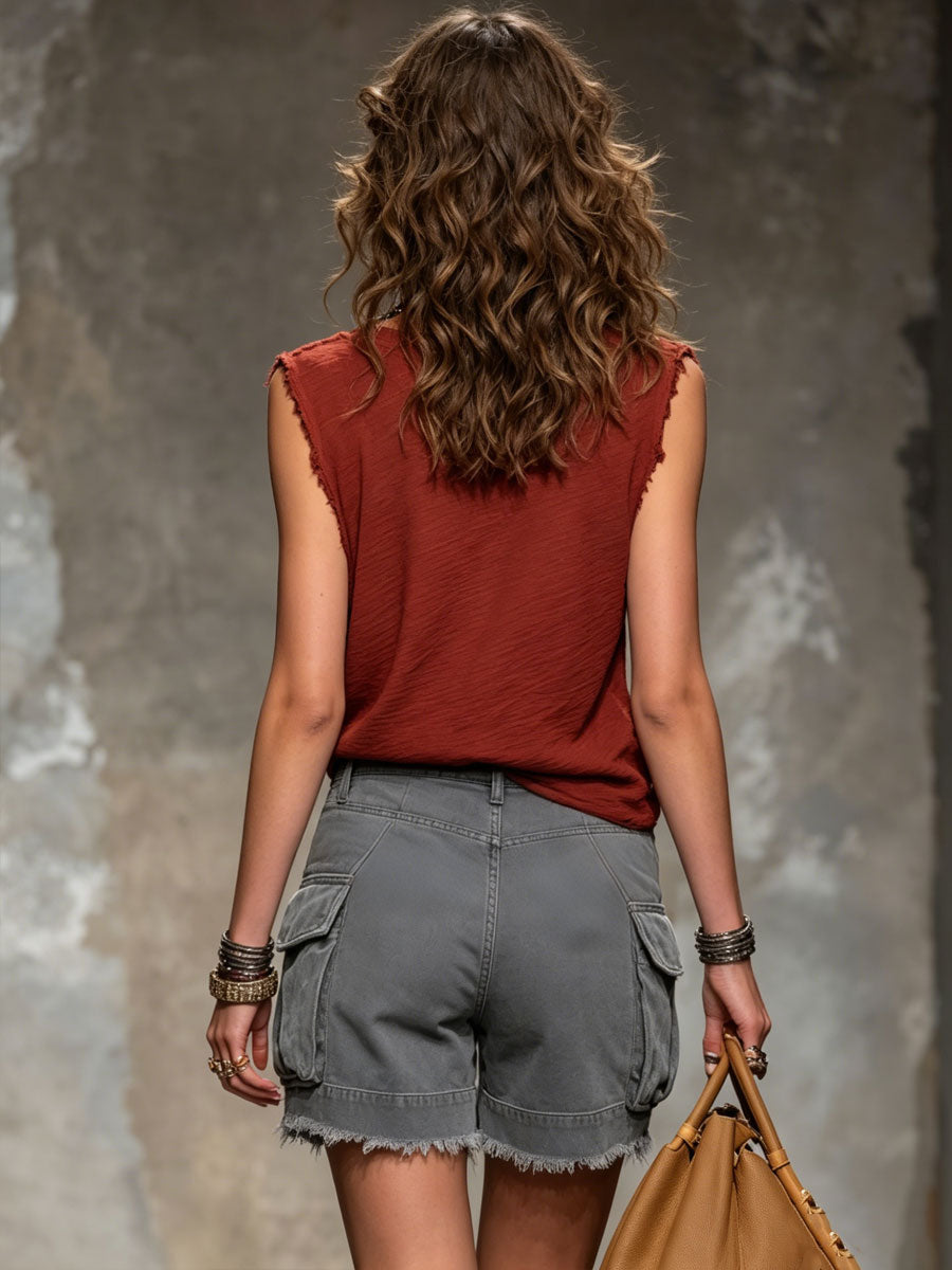 Casual Retro Deep Red Cotton Frayed Round Neck Top