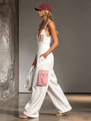 Color-blocked Wide-strap Sleeveless Multi-pocket Jumpsuit