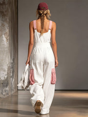 Color-blocked Wide-strap Sleeveless Multi-pocket Jumpsuit