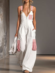 Color-blocked Wide-strap Sleeveless Multi-pocket Jumpsuit
