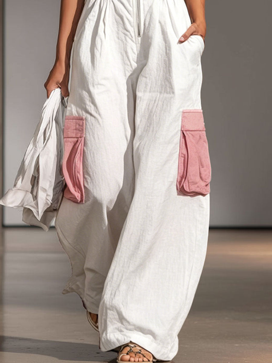 Color-blocked Wide-strap Sleeveless Multi-pocket Jumpsuit
