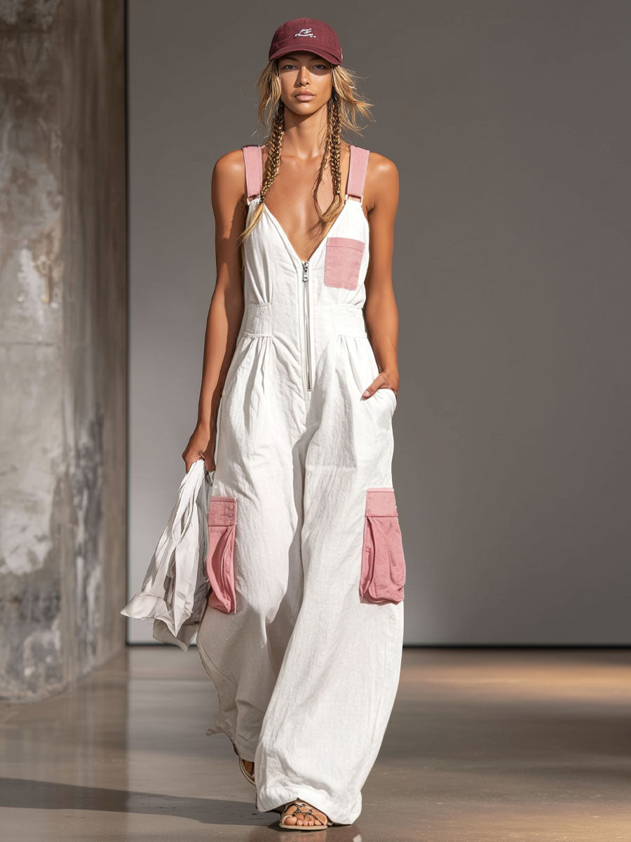 Color-blocked Wide-strap Sleeveless Multi-pocket Jumpsuit