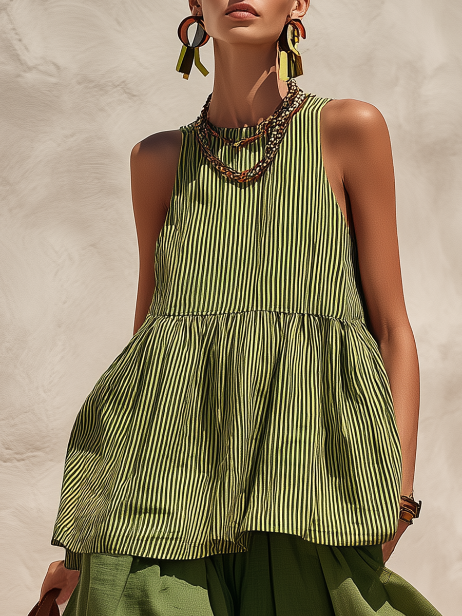 Retro Vacation Striped Cotton And Linen Tank Top