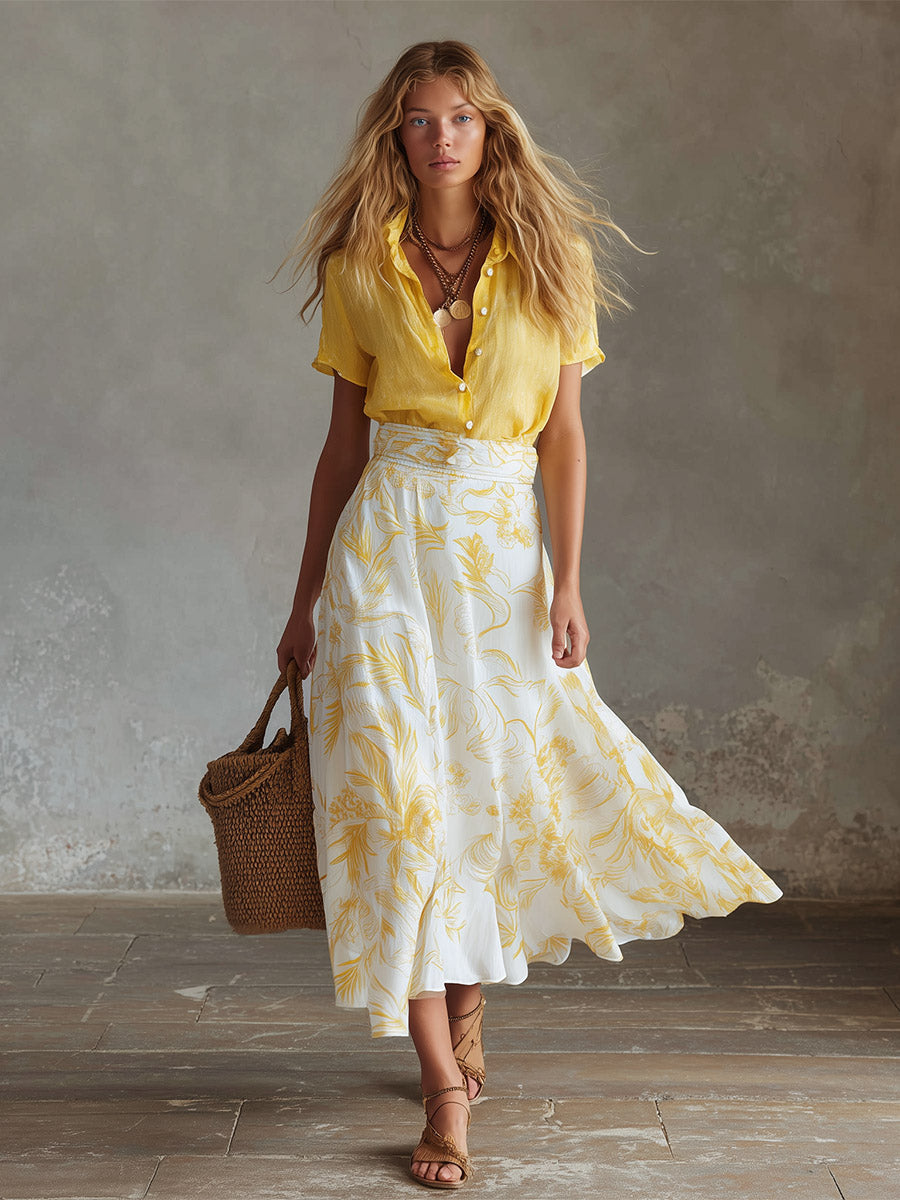 Elegant Summer Vacation Outfit Yellow Cotton-Linen T-Shirt & Moon-Print Chiffon Skirt Set