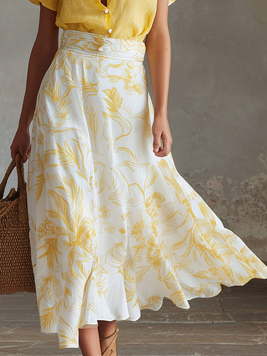 Elegant Summer Vacation Outfit Yellow Cotton-Linen T-Shirt & Moon-Print Chiffon Skirt Set
