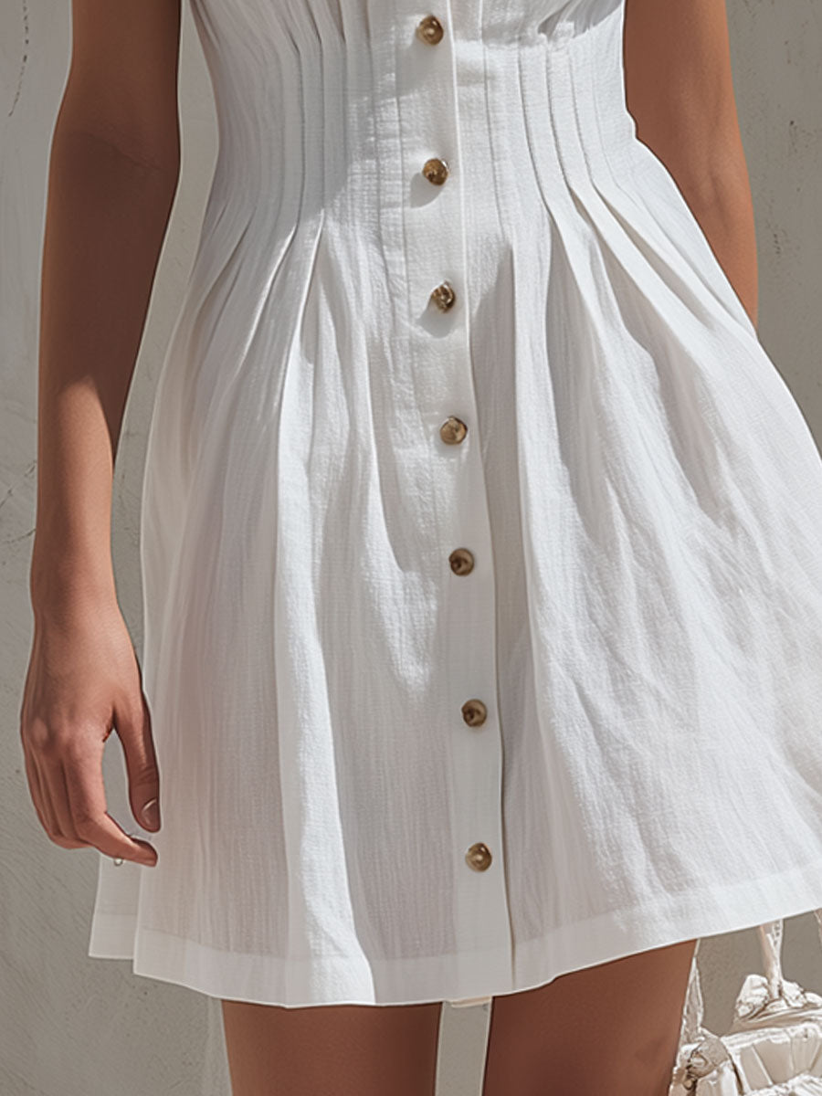Casual Retro White Sleeveless Collared Button-down Pleated Cotton Linen Mini Dress