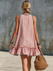 Casual Retro Ruffled Red And White Striped Cotton Linen Sleeveless Mini Dress