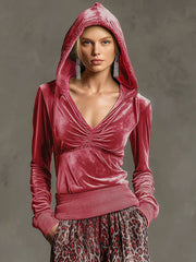 Casual Retro Pink Fleece Hooded Top