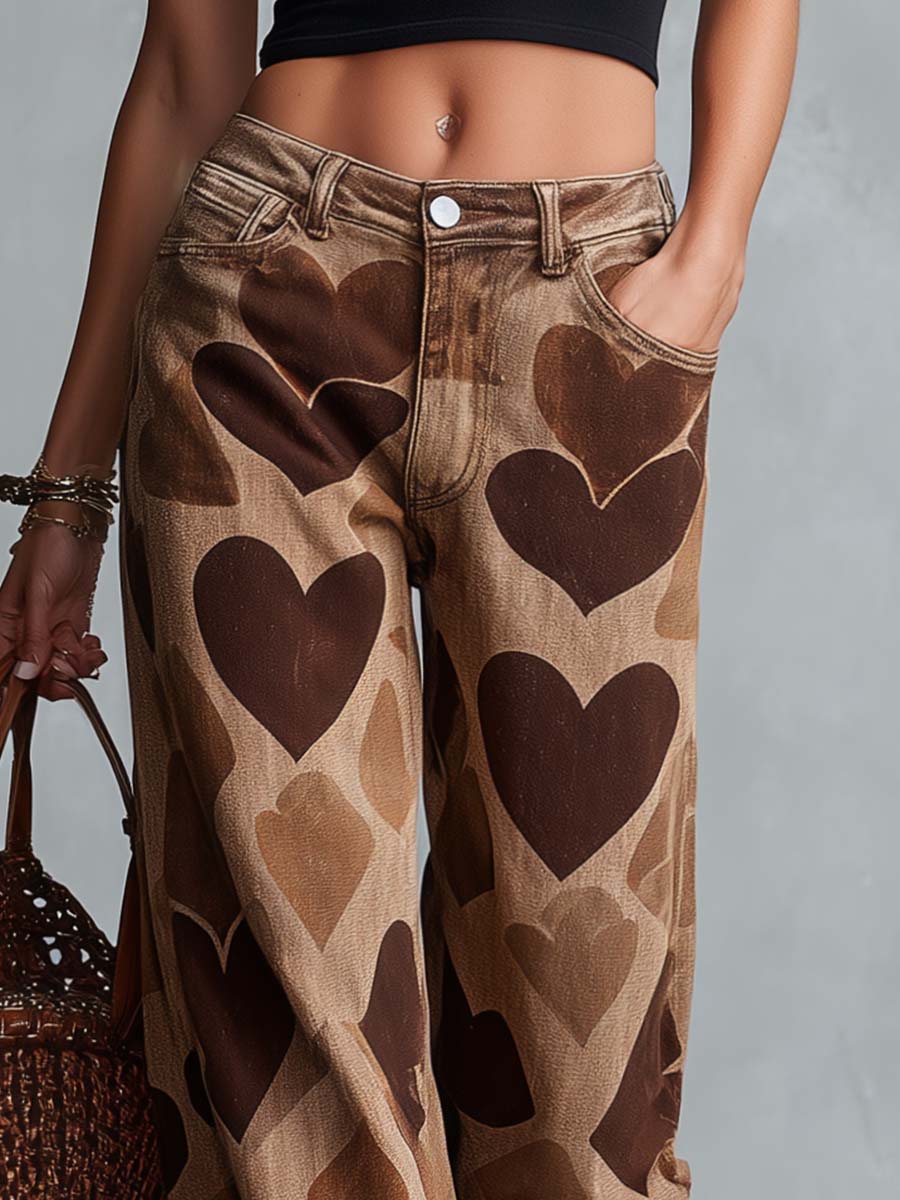 Retro Casual Heart Pattern Versatile Light Brown Denim Pants