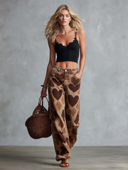 Retro Casual Heart Pattern Versatile Light Brown Denim Pants