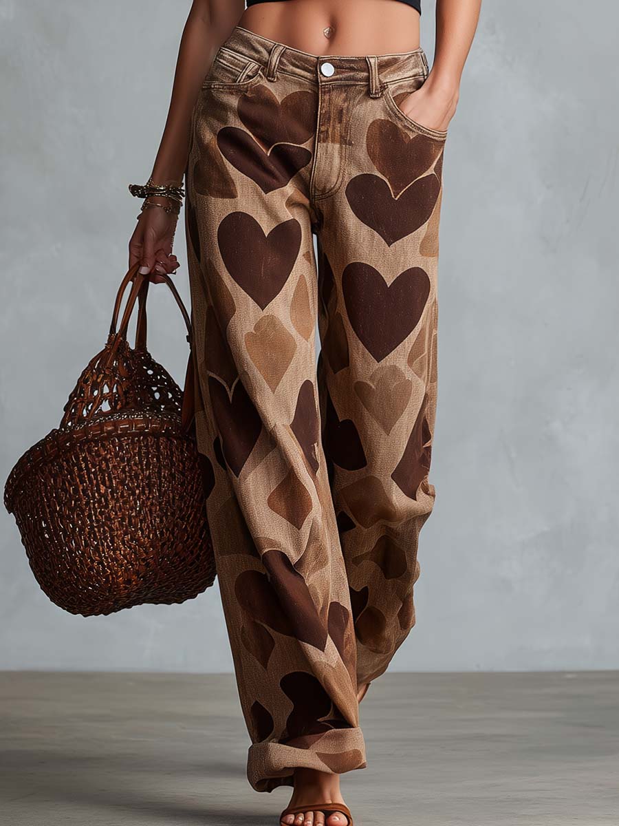 Retro Casual Heart Pattern Versatile Light Brown Denim Pants