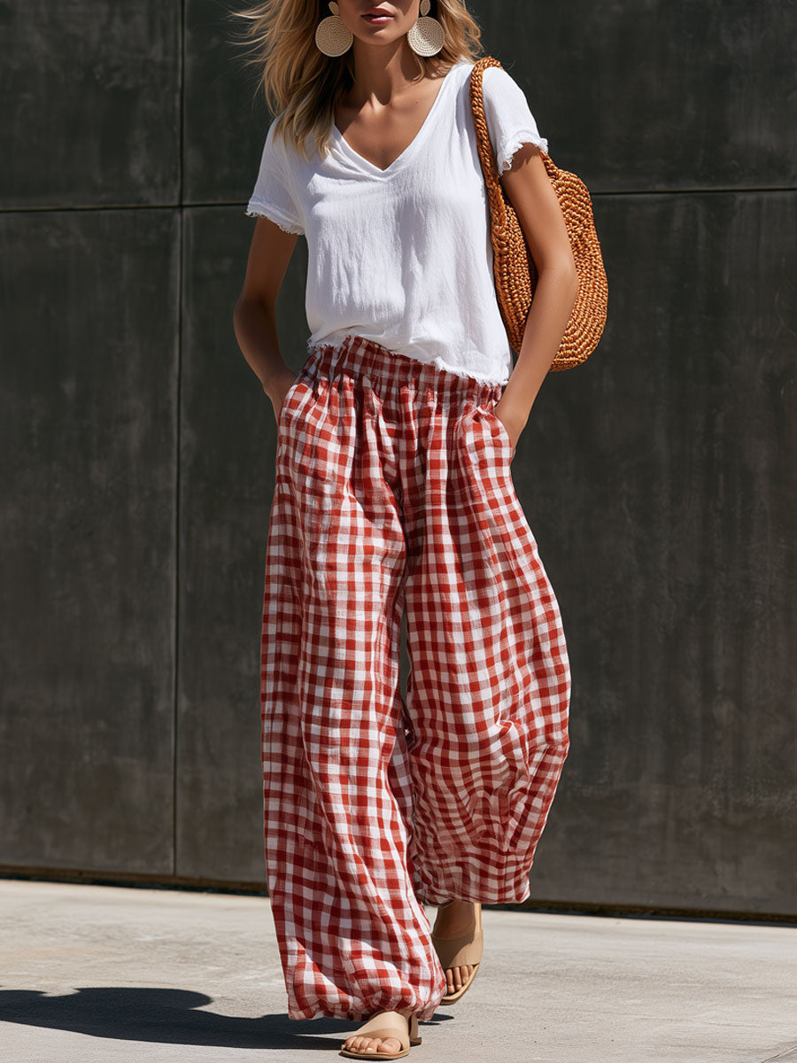 Casual Retro Short-sleeved T-shirt And Red And White Checkered Cotton Linen Pants Set