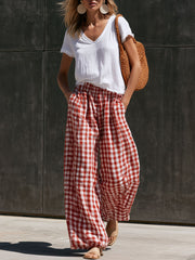 Casual Retro Short-sleeved T-shirt And Red And White Checkered Cotton Linen Pants Set