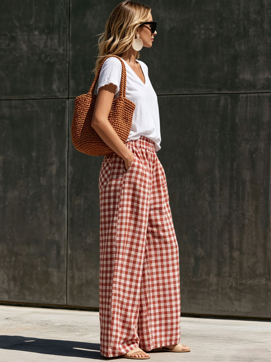 Casual Retro Short-sleeved T-shirt And Red And White Checkered Cotton Linen Pants Set