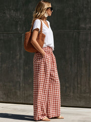 Casual Retro Short-sleeved T-shirt And Red And White Checkered Cotton Linen Pants Set