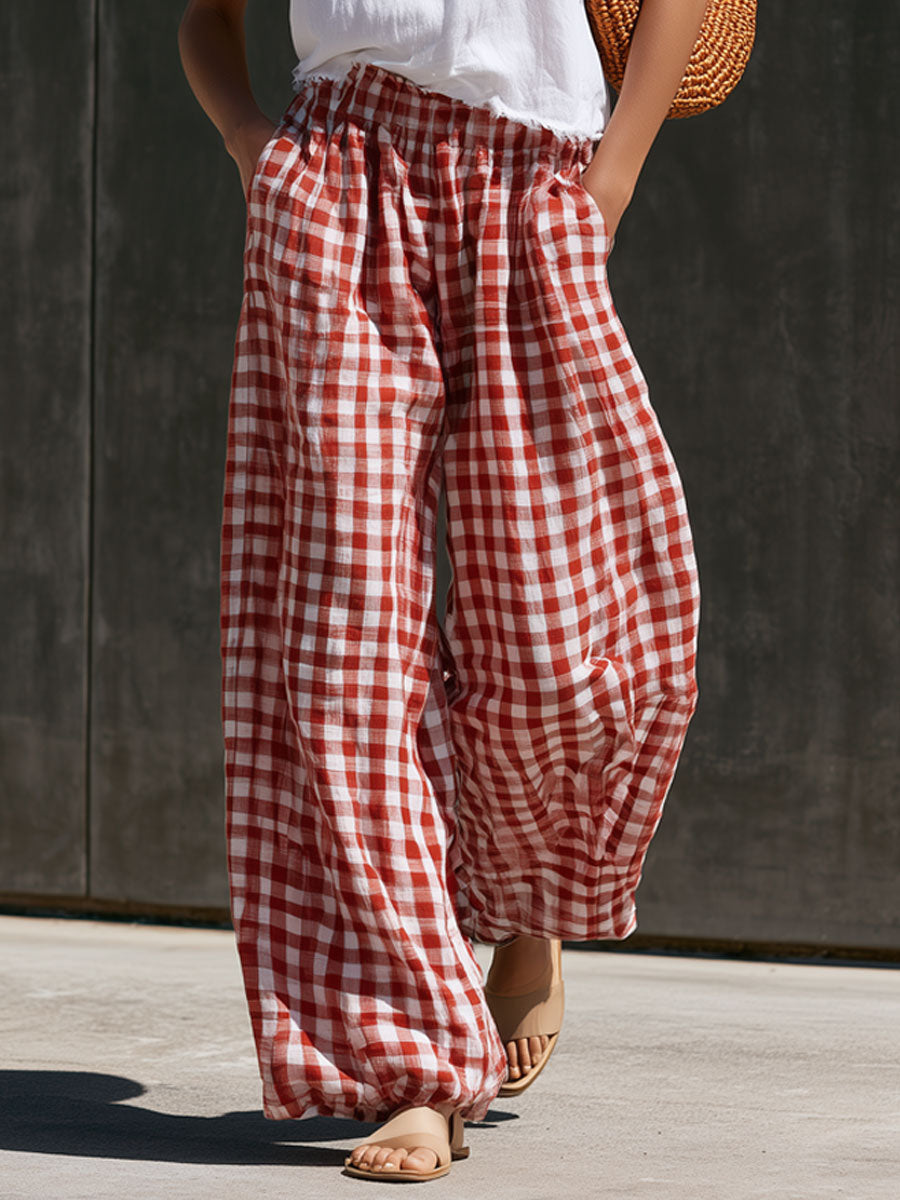 Casual Retro Short-sleeved T-shirt And Red And White Checkered Cotton Linen Pants Set