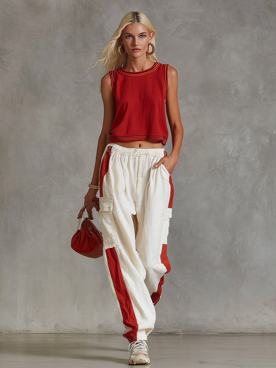 Casual-chic Striped Trim Red Cotton-linen Tank Top
