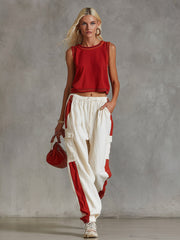 Casual-chic Striped Trim Red Cotton-linen Tank Top