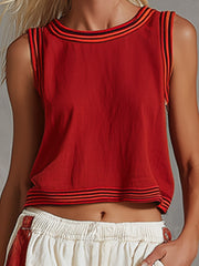 Casual-chic Striped Trim Red Cotton-linen Tank Top