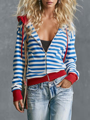 Retro Lazy Front Zip Striped Cotton Hoodie