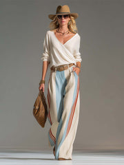 Retro Casual Versatile Ivory Surplice V-Neck Top