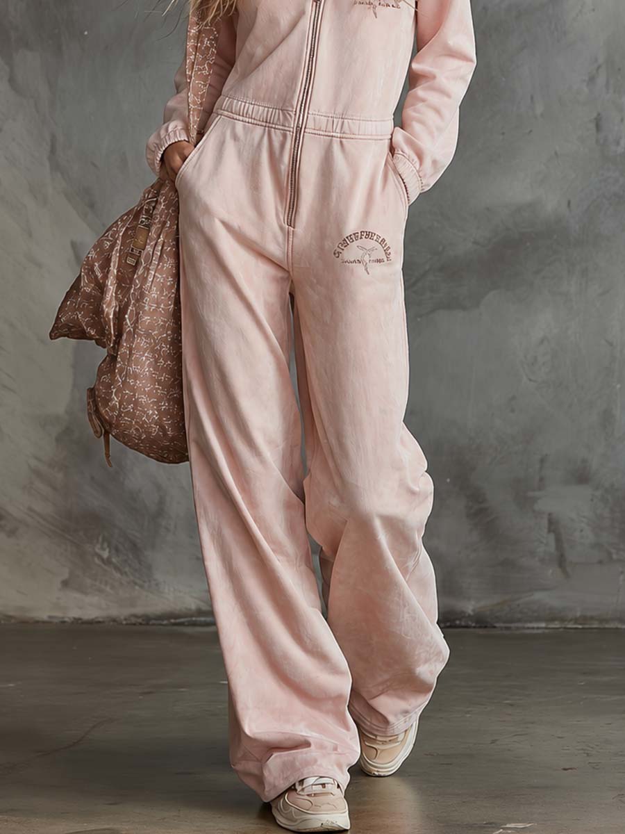 Elegant Retro Sporty V-neck Front Zipper Long-sleeve Light Pink Cotton Jumpsuit