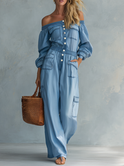 retro off-shoulder big-pocket denim jumpsuit