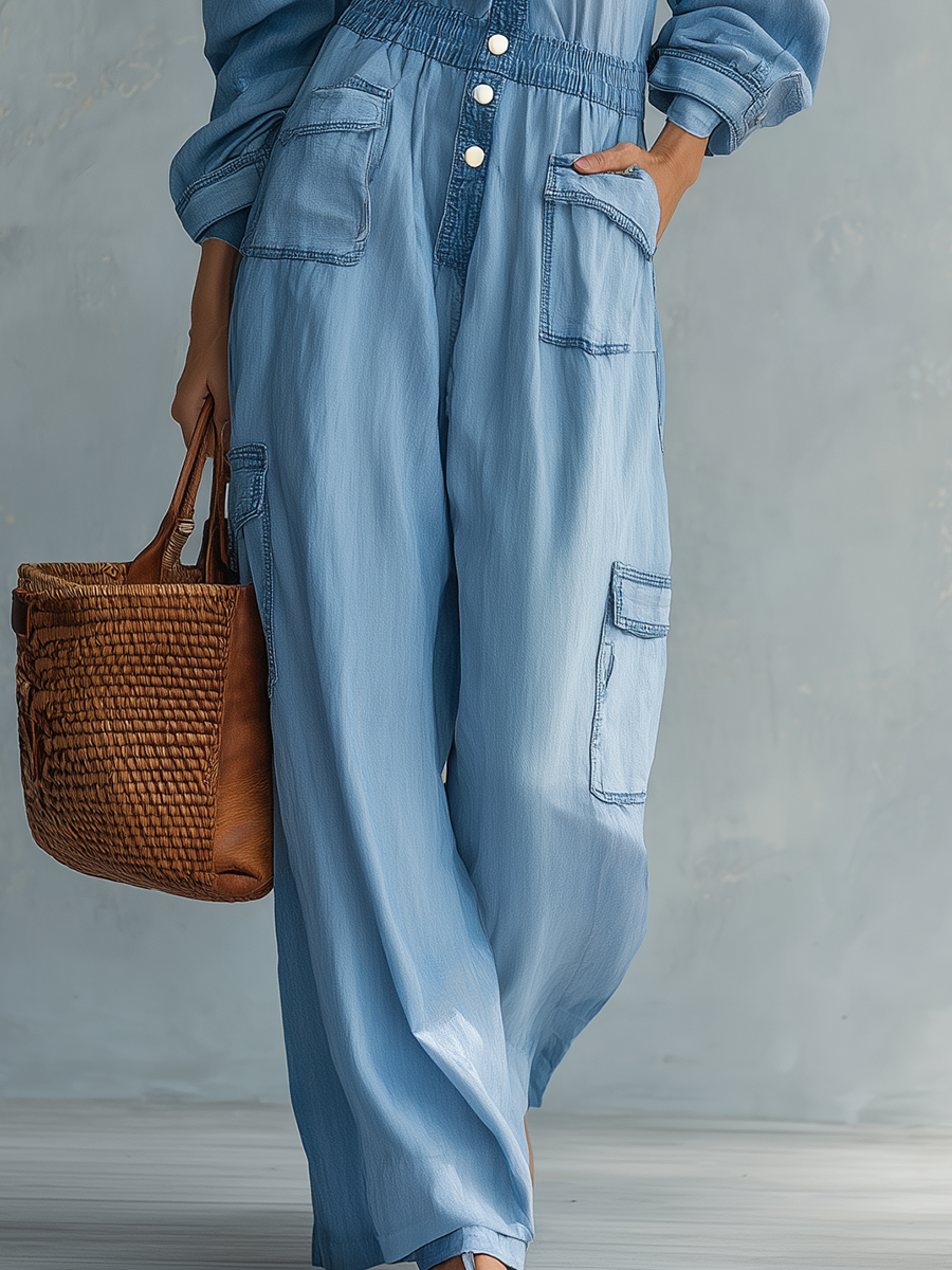retro off-shoulder big-pocket denim jumpsuit
