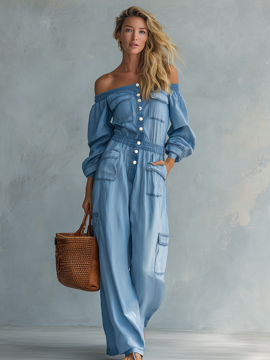 retro off-shoulder big-pocket denim jumpsuit