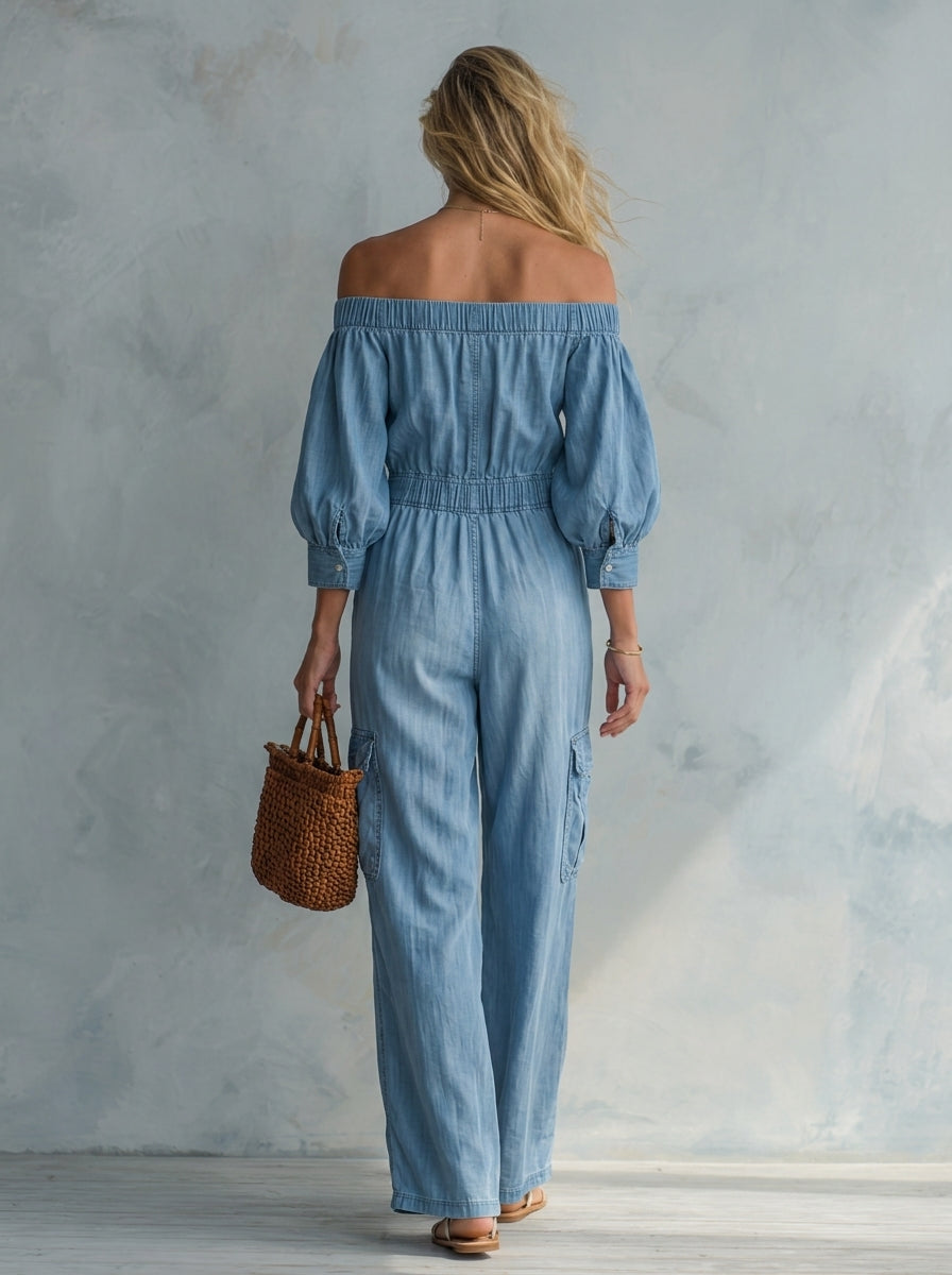 retro off-shoulder big-pocket denim jumpsuit