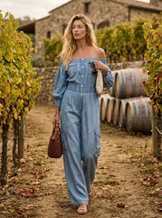 retro off-shoulder big-pocket denim jumpsuit