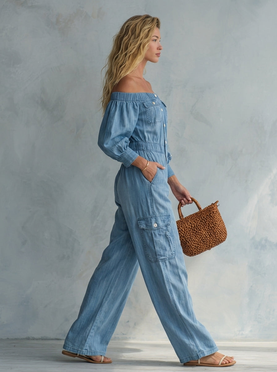 retro off-shoulder big-pocket denim jumpsuit